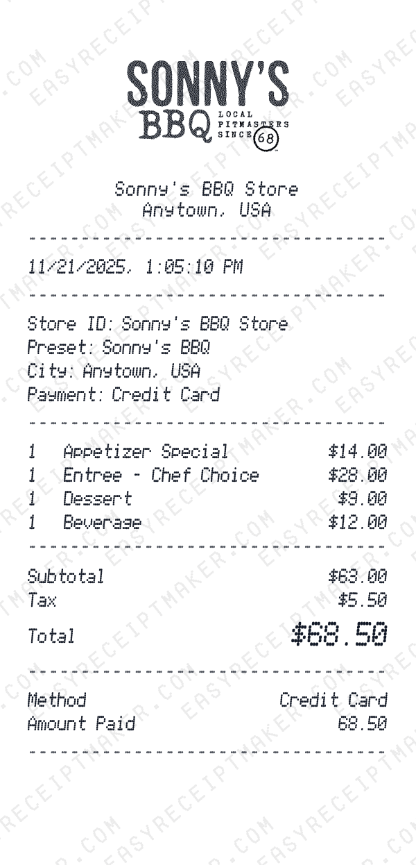 Sonny's BBQ receipt preview