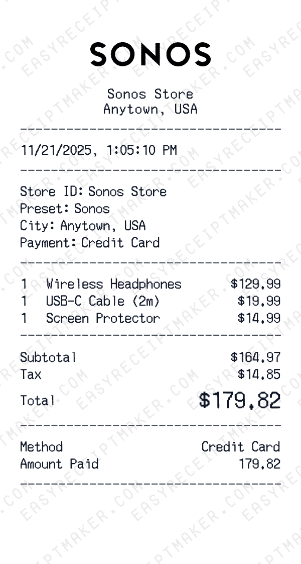 Sonos receipt preview
