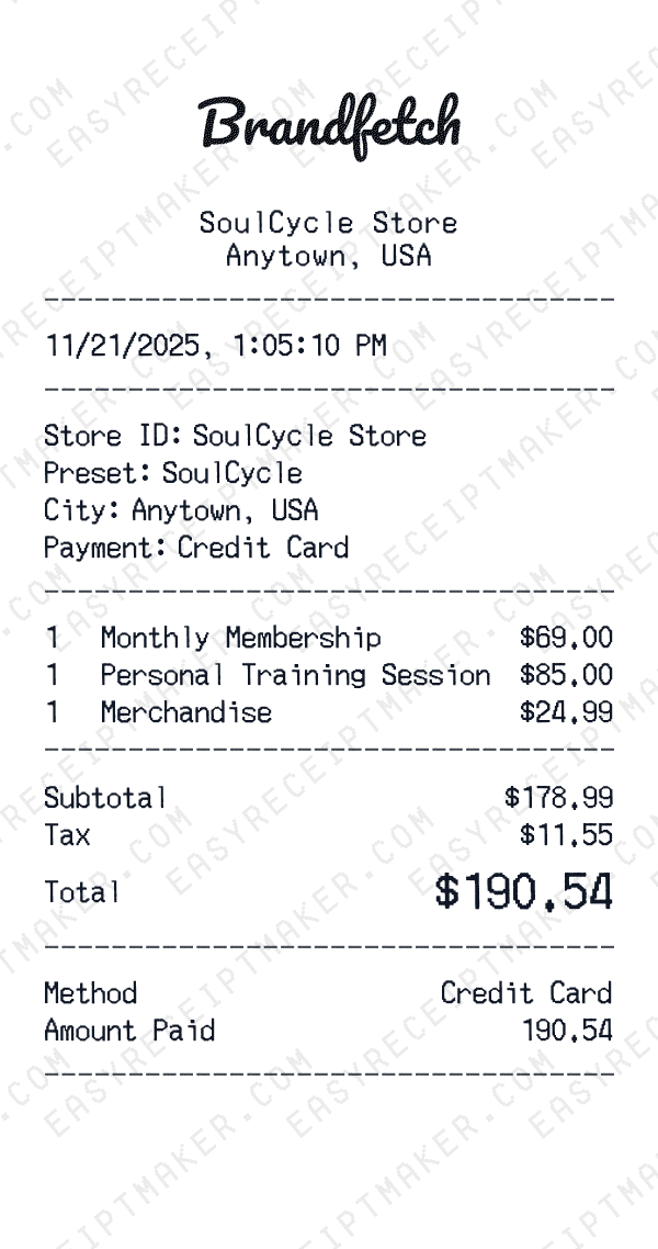 SoulCycle receipt preview