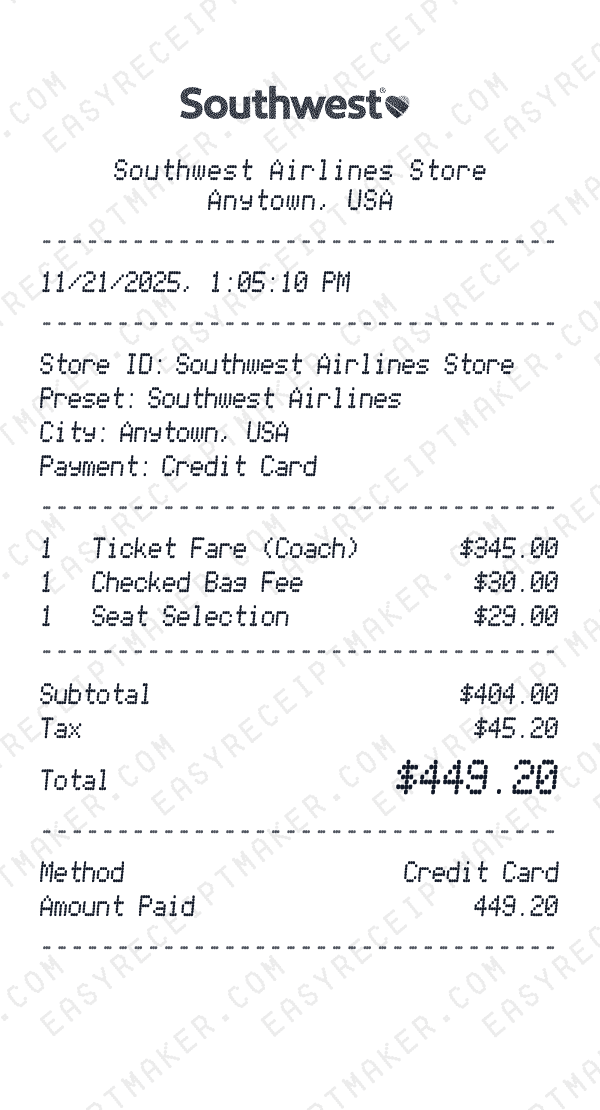 Southwest Airlines receipt preview