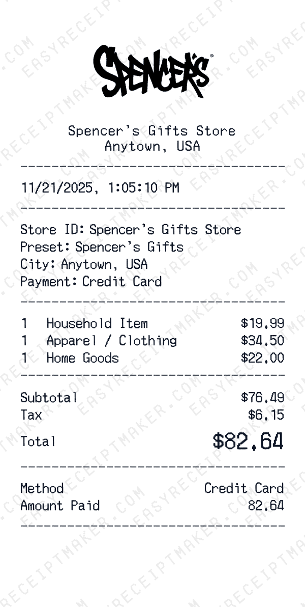 Spencer's Gifts receipt preview