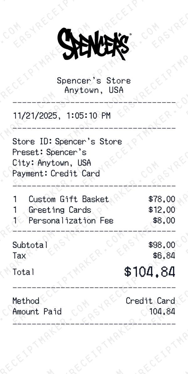 Spencer's receipt preview