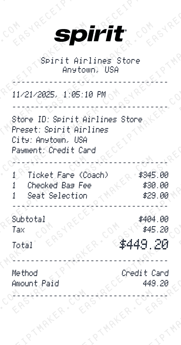 Spirit Airlines receipt preview