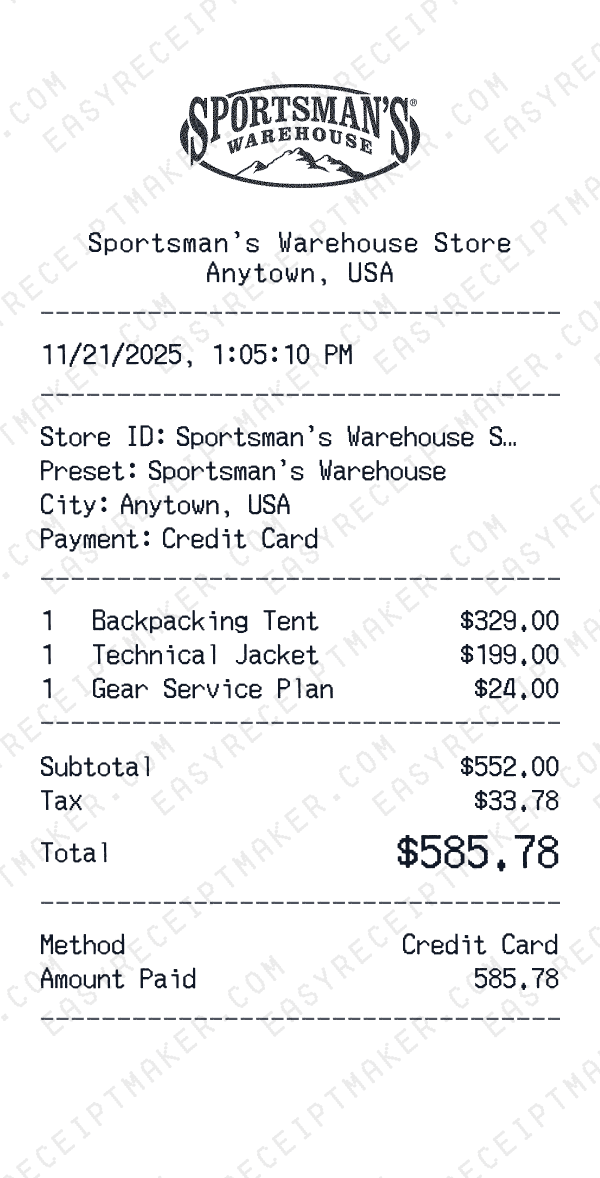 Sportsman's Warehouse receipt preview