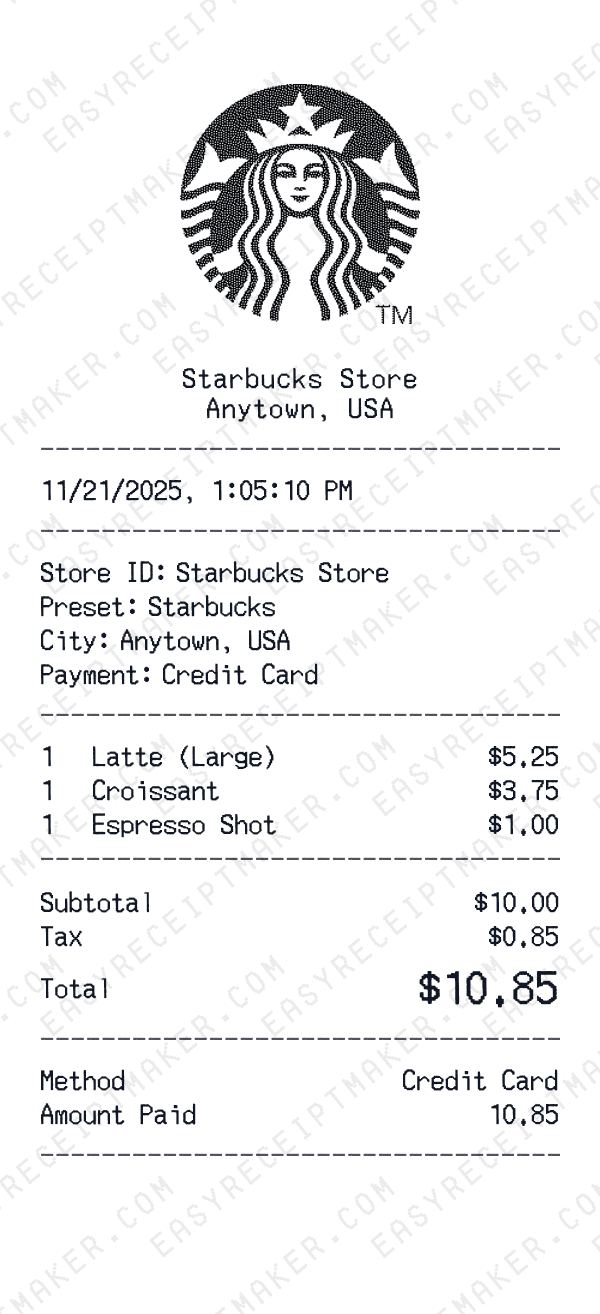 Starbucks receipt template