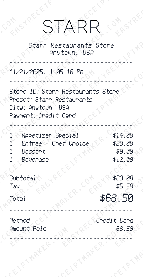 Starr Restaurants receipt preview