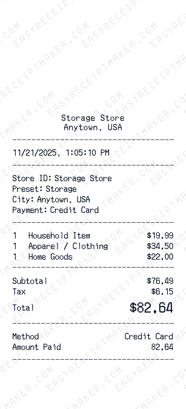 Storage receipt preview