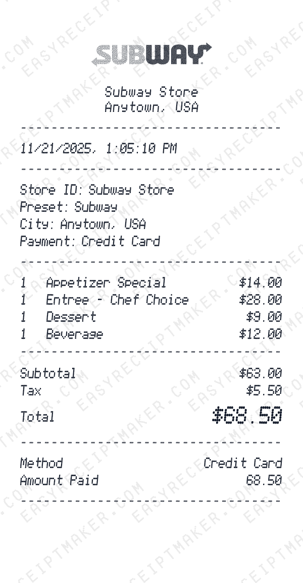 Subway receipt preview