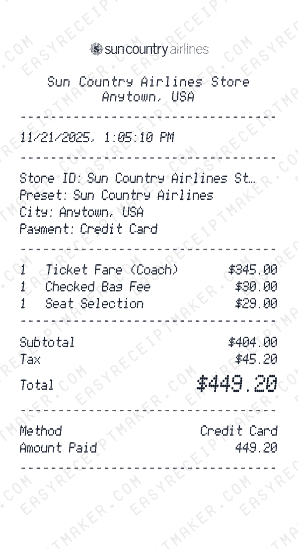 Sun Country Airlines receipt preview