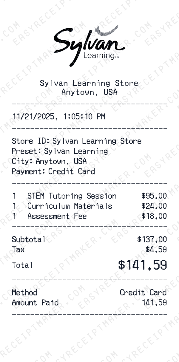 Sylvan Learning receipt preview