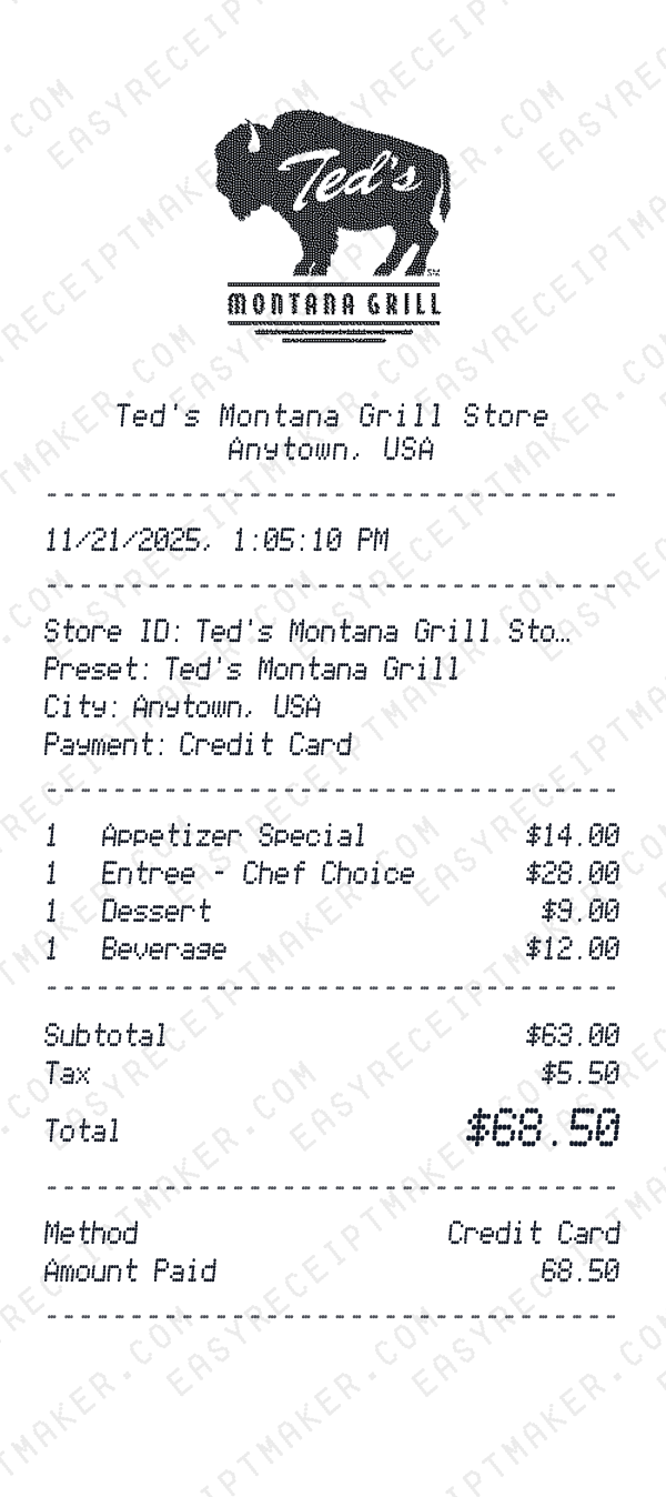 Ted's Montana Grill receipt preview