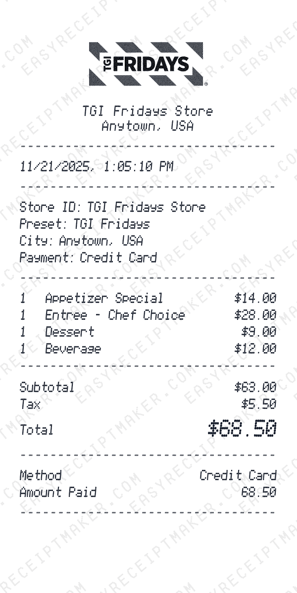 TGI Friday's receipt preview