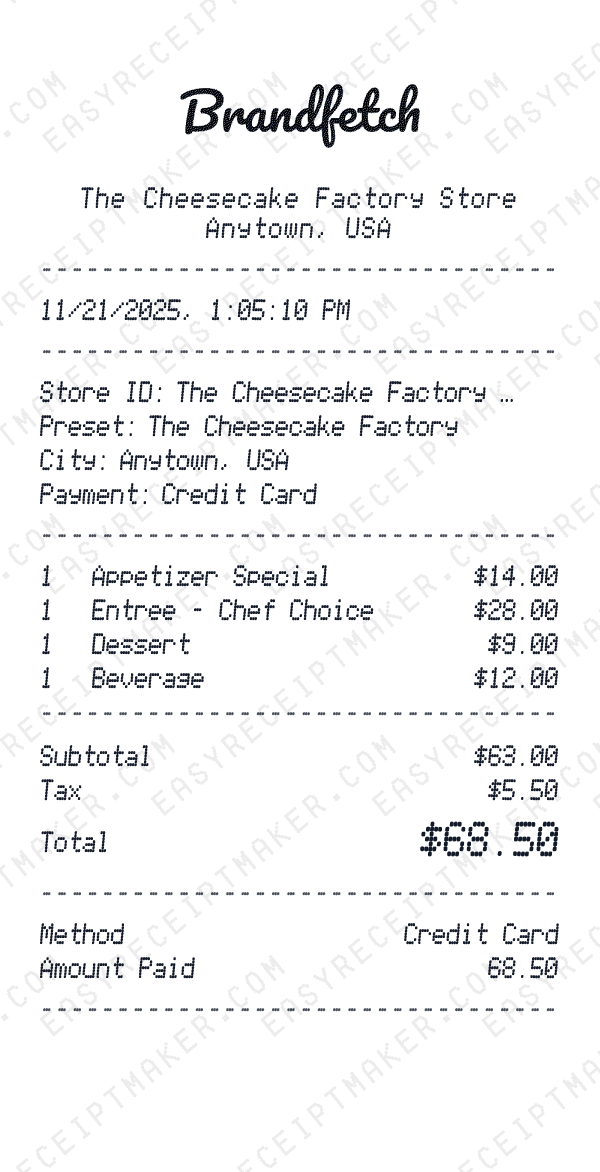 The Cheesecake Factory receipt preview