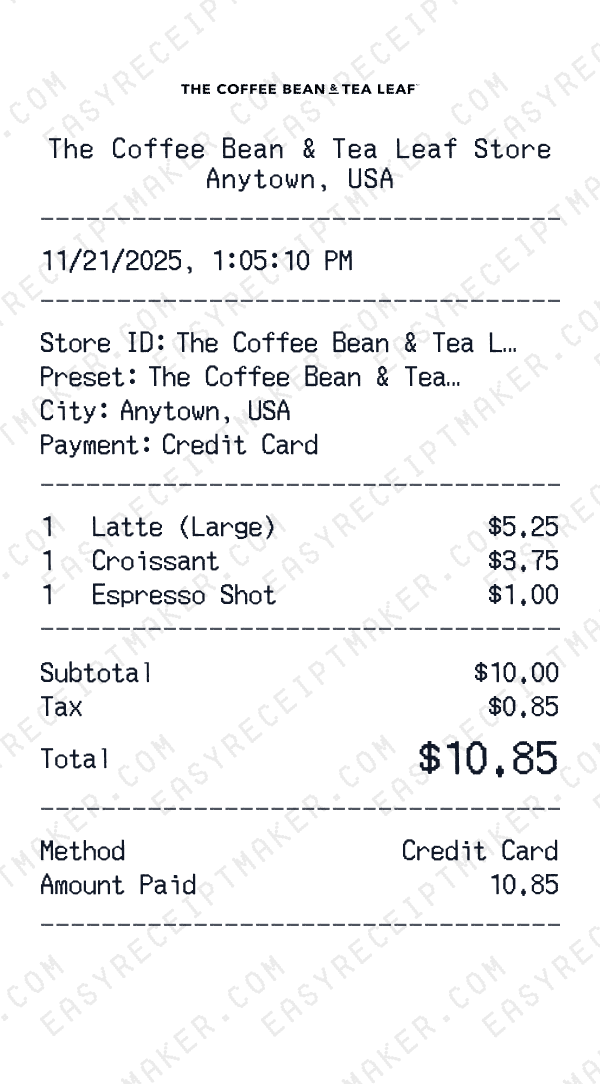 The Coffee Bean & Tea Leaf receipt preview