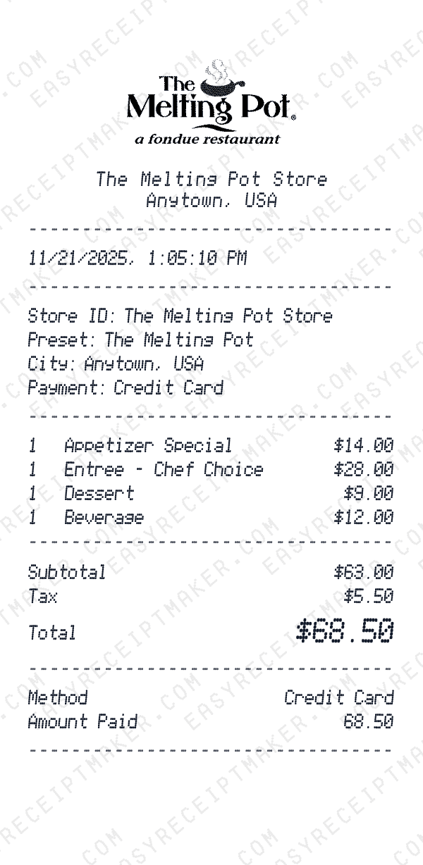The Melting Pot receipt preview