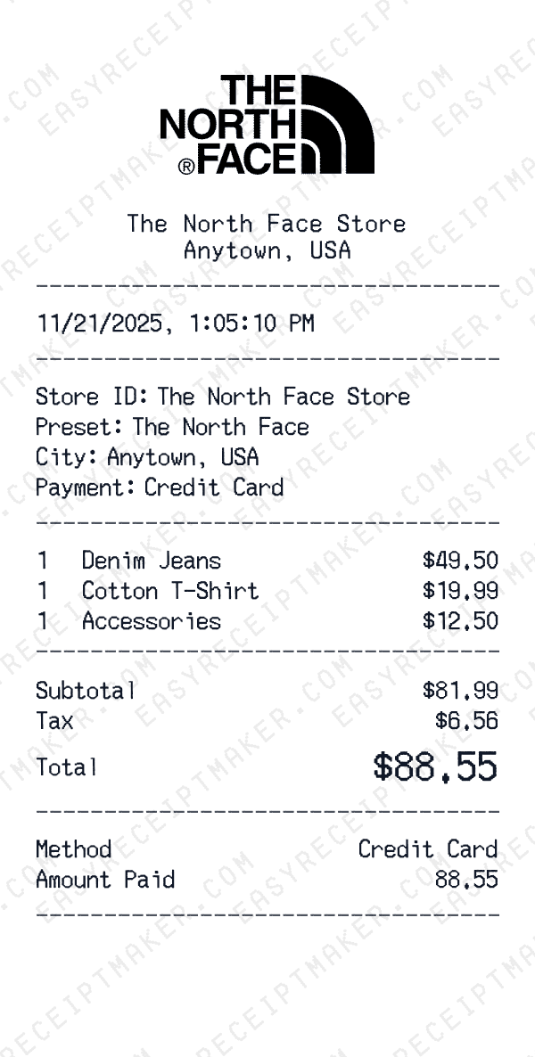 The North Face receipt preview