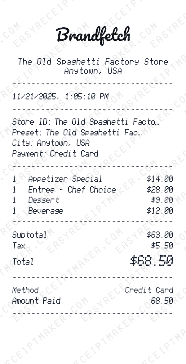 The Old Spaghetti Factory receipt preview