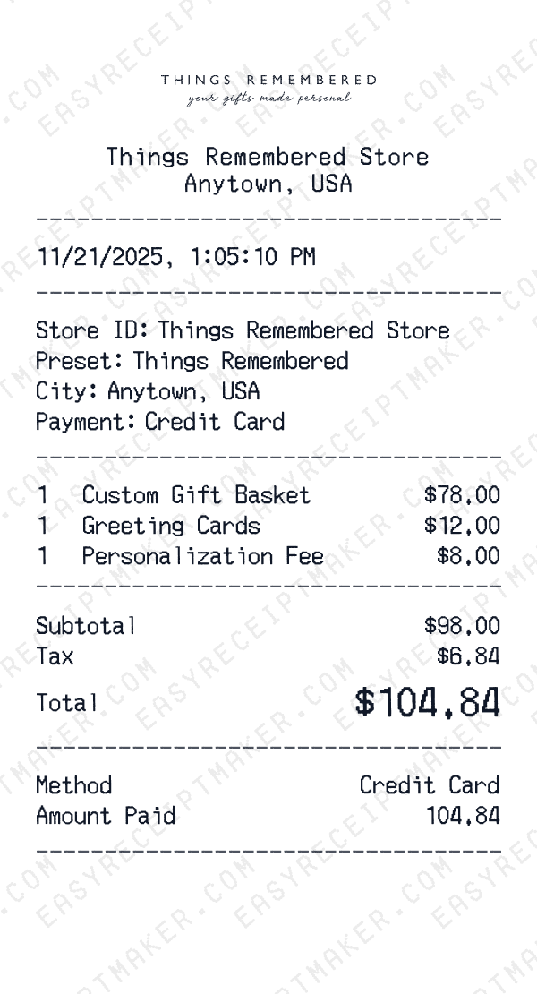 Things Remembered receipt preview