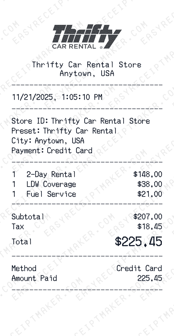 Thrifty Car Rental receipt preview