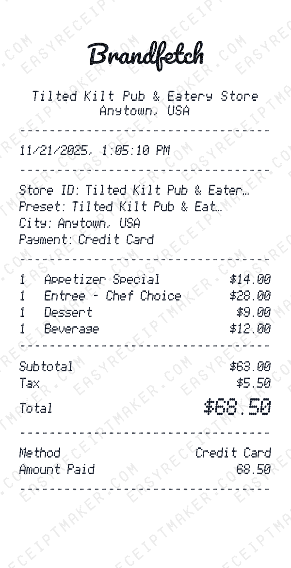 Tilted Kilt Pub & Eatery receipt preview