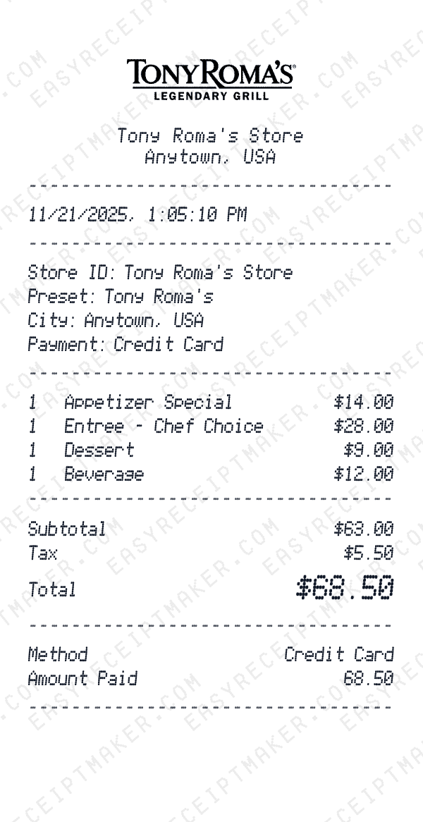 Tony Roma's receipt preview