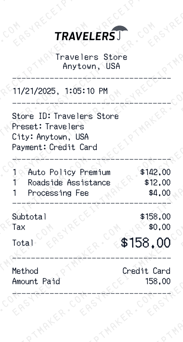 Travelers receipt preview