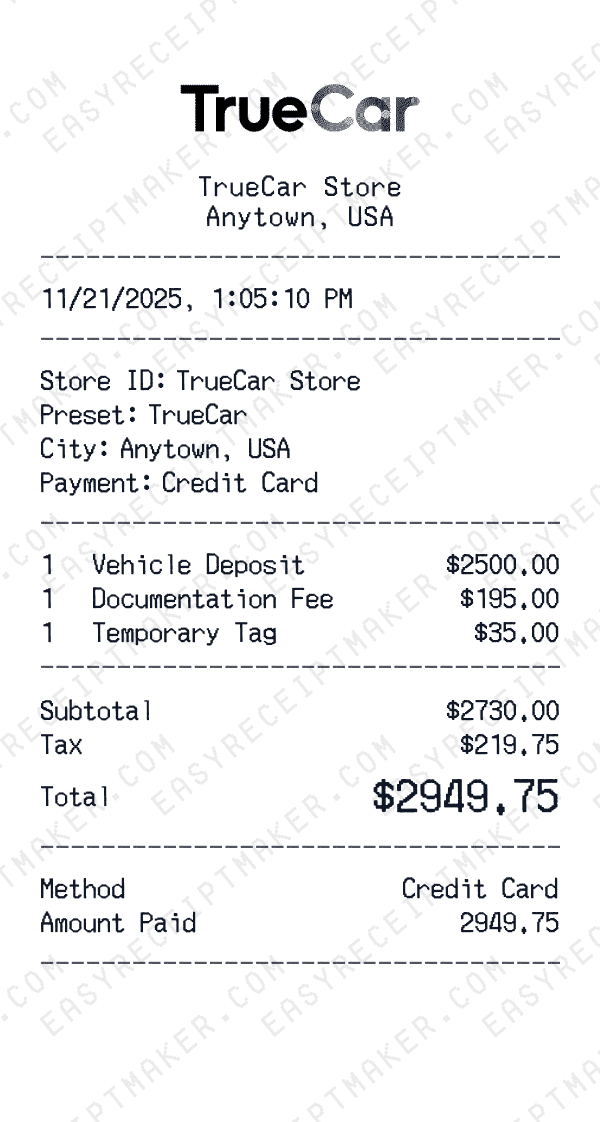 TrueCar receipt preview