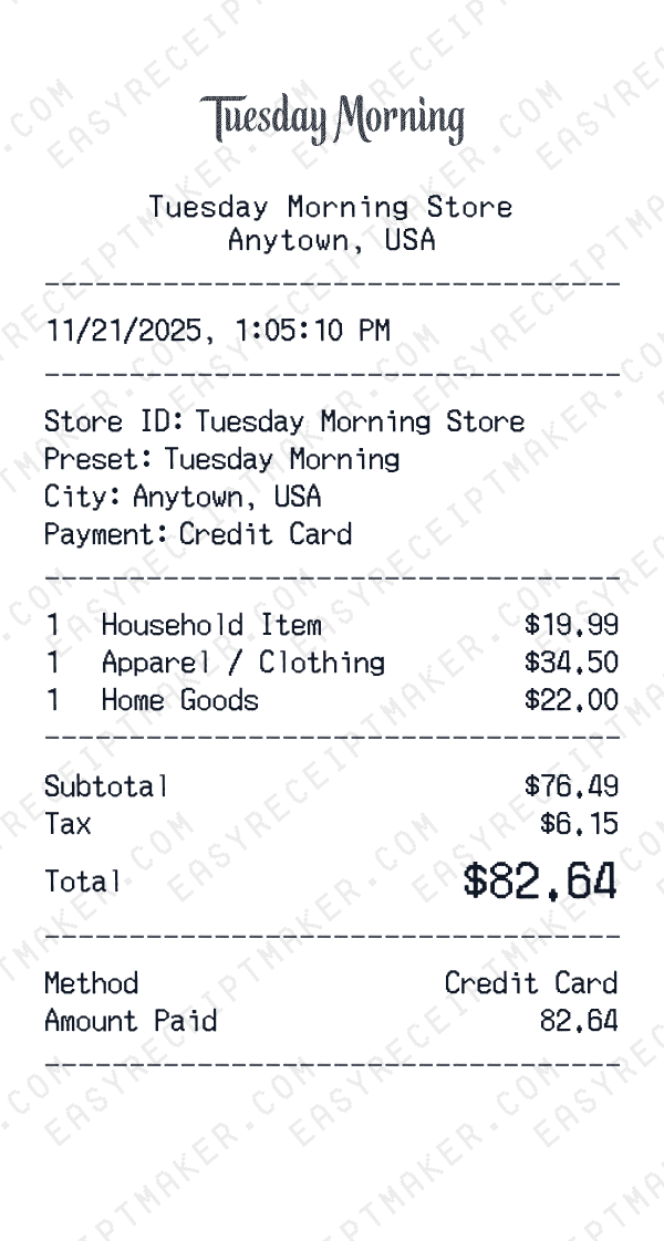 Tuesday Morning receipt preview