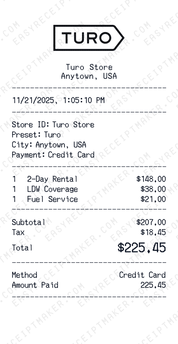 Turo receipt preview