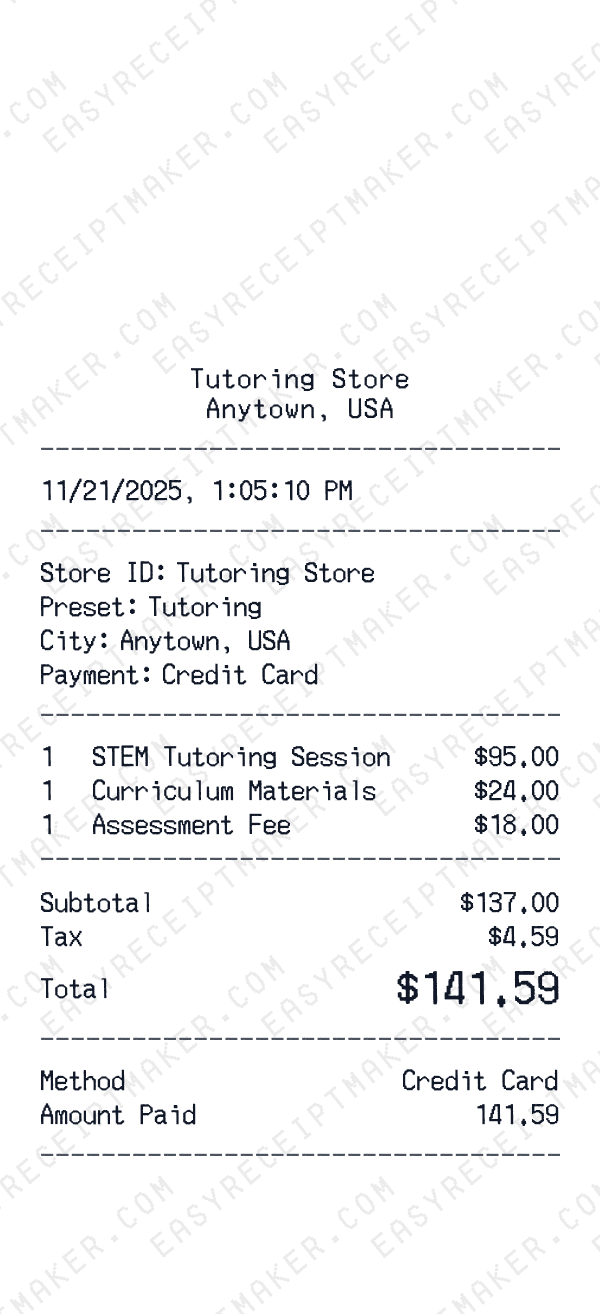 Tutoring receipt preview