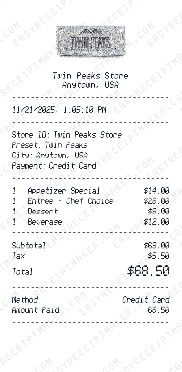 Twin Peaks receipt preview
