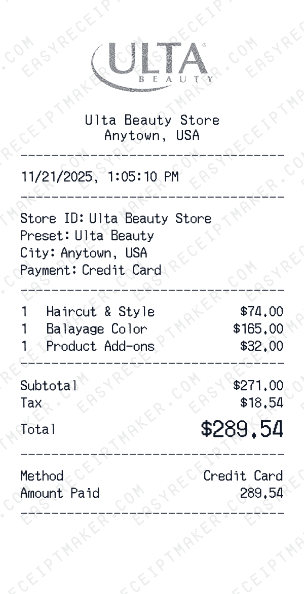 Ulta Beauty receipt preview