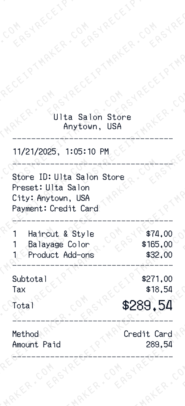 Ulta Salon receipt preview