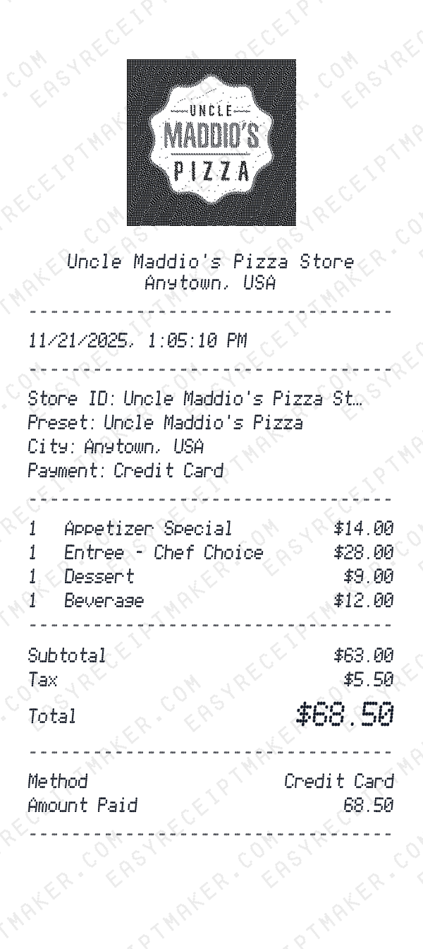 Uncle Maddio's Pizza receipt preview