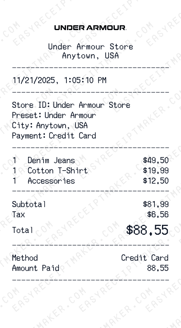 Under Armour receipt preview