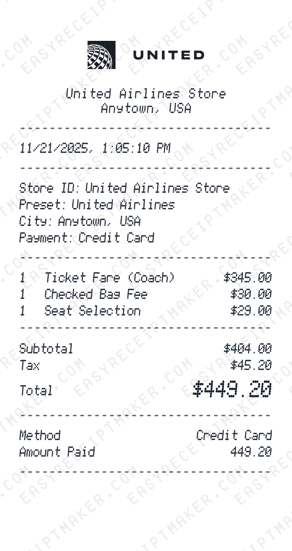 United Airlines receipt preview