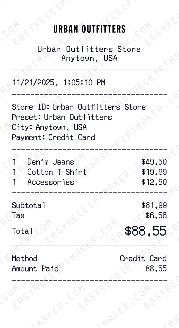 Urban Outfitters receipt preview