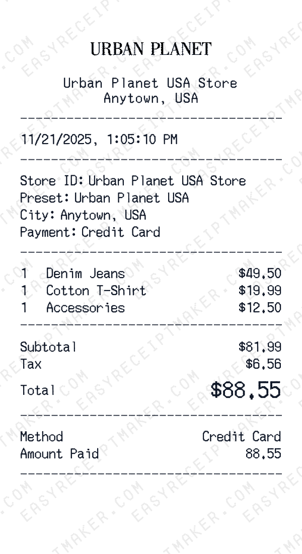 Urban Planet USA receipt preview