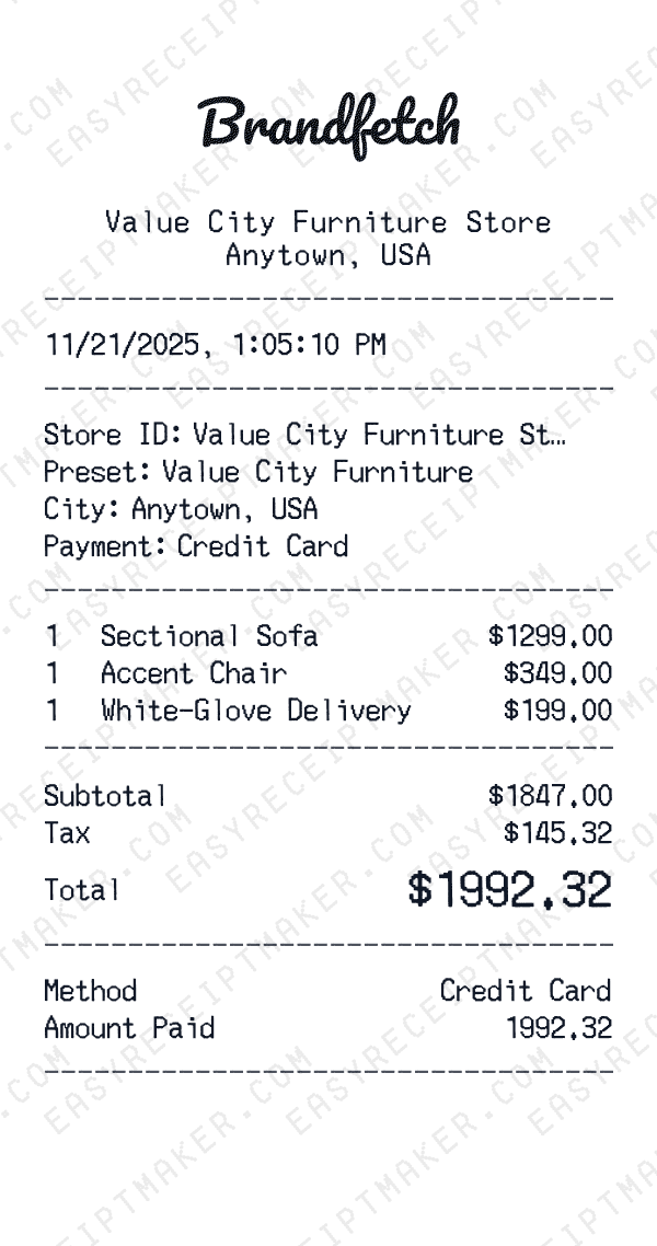 Value City Furniture receipt preview