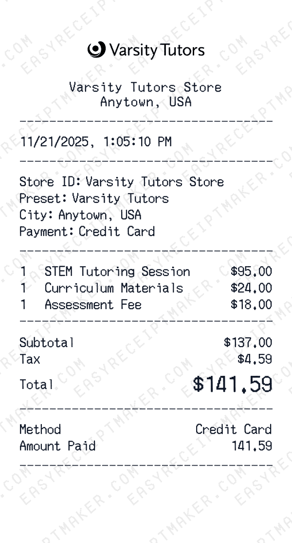 Varsity Tutors receipt preview
