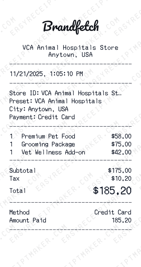 VCA Animal Hospitals receipt preview