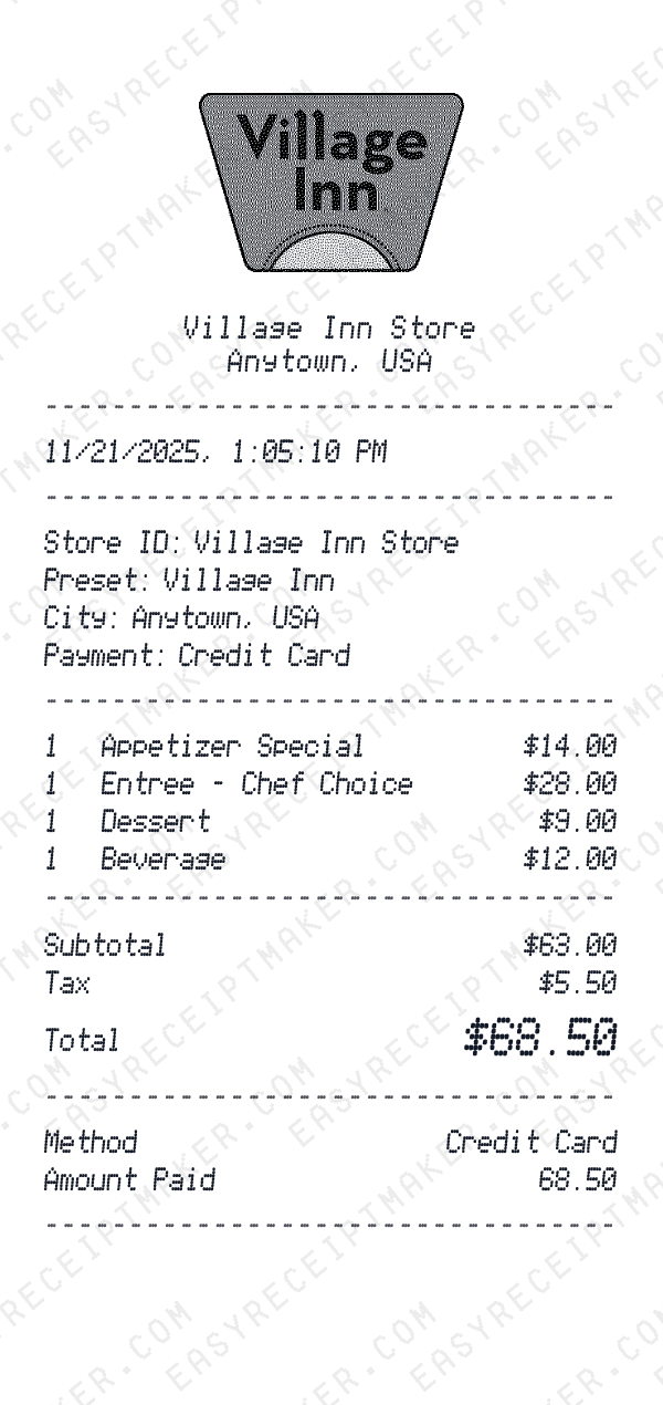 Village Inn receipt preview