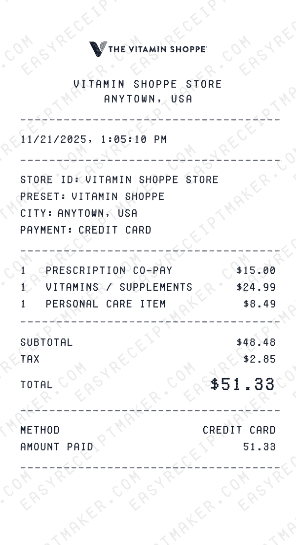 Vitamin Shoppe receipt preview