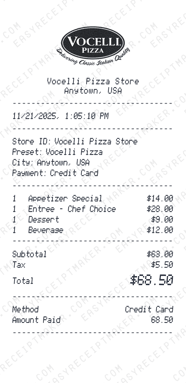 Vocelli Pizza receipt preview