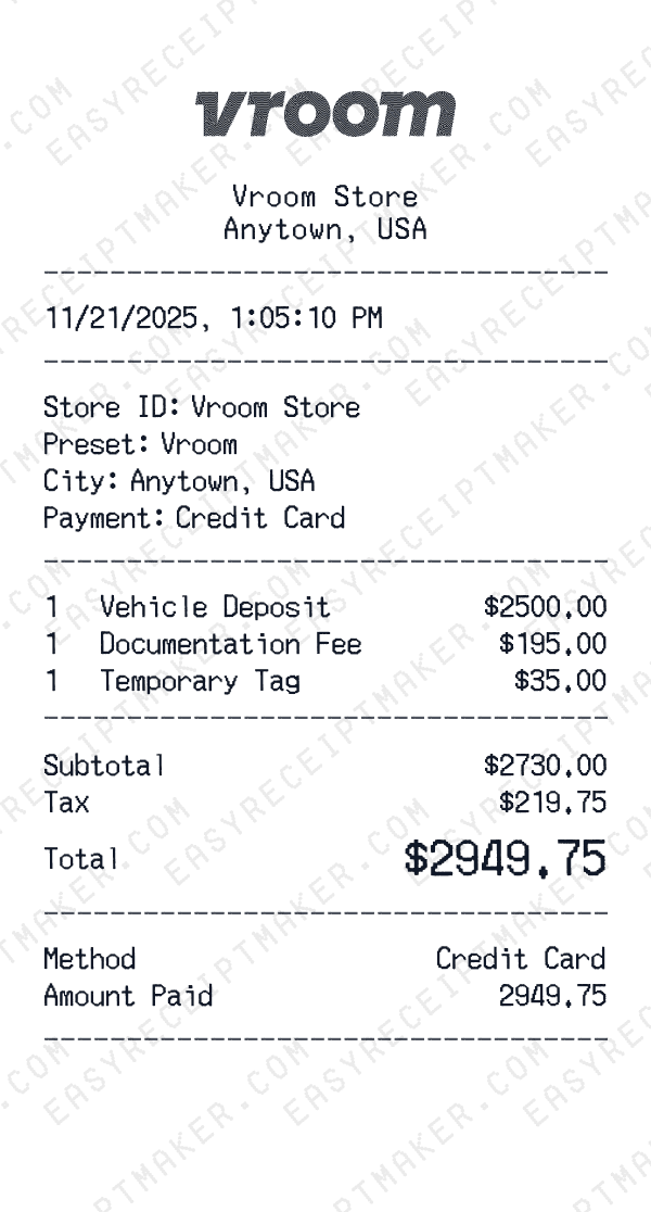 Vroom receipt preview