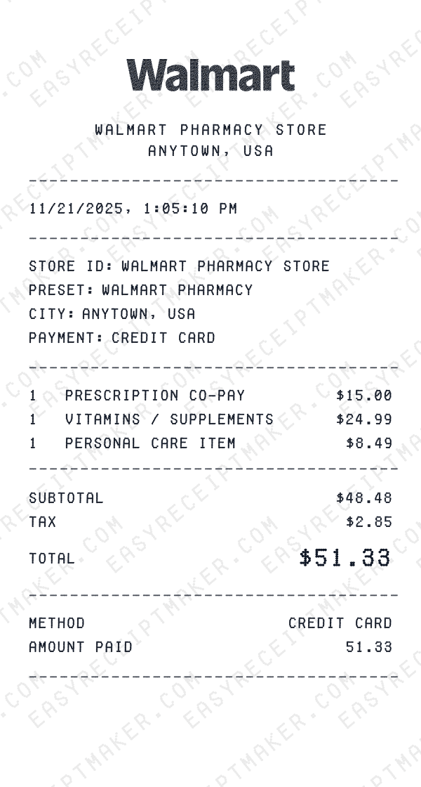 Walmart Pharmacy receipt preview
