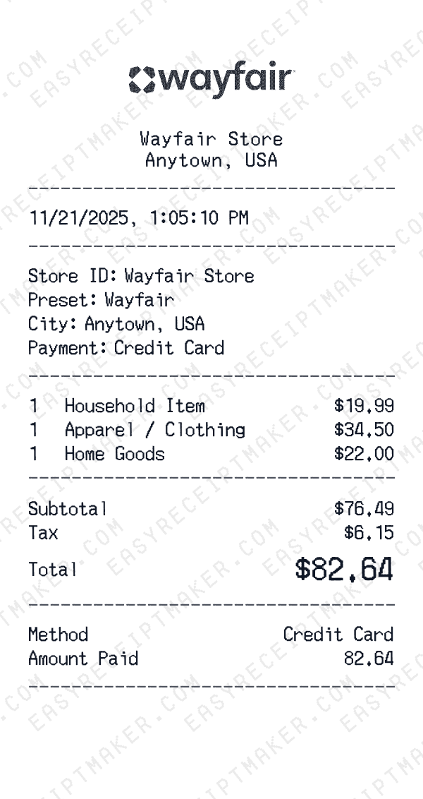 Wayfair receipt preview