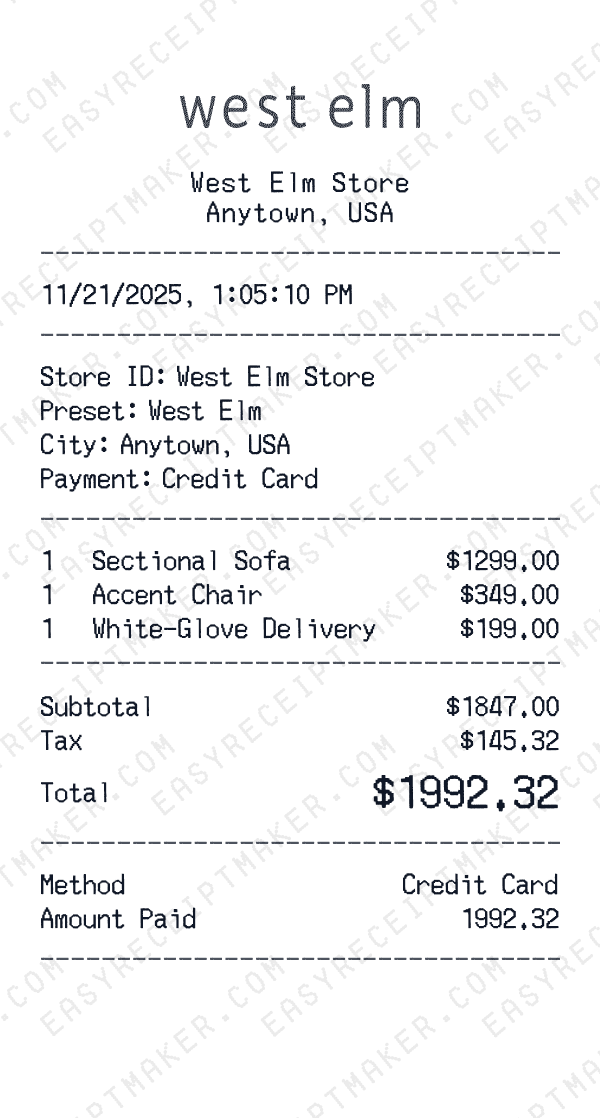 West Elm receipt preview