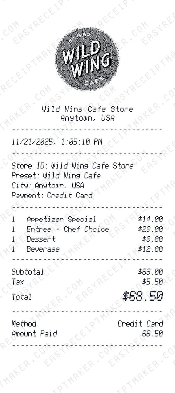 Wild Wing Cafe receipt preview