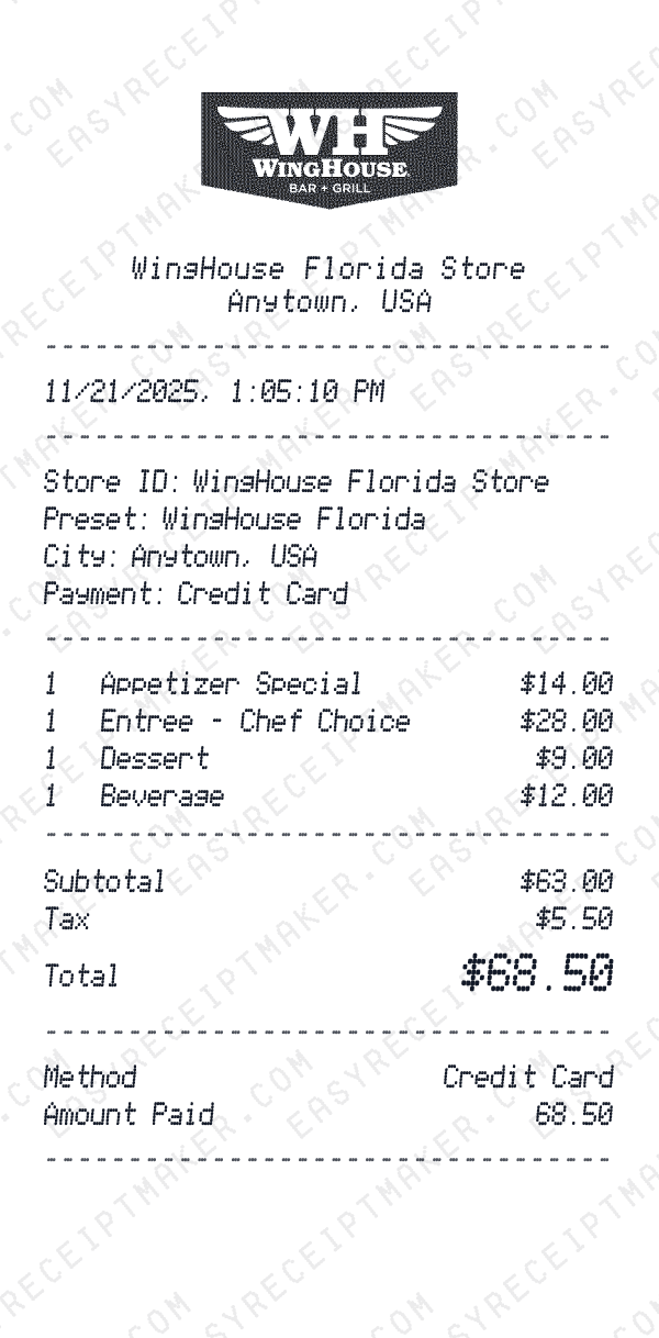 WingHouse Florida receipt preview
